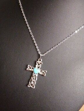 Viking Style Celtic Cross Necklace with Turquoise Heart Pendant On Chain.New
